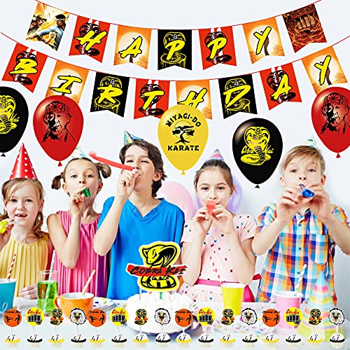 Cobra Kai Suministros para fiesta de cumpleaños, 36 piezas globos Cobra Kai para decoración de fiestas, pancarta para fiesta de cumpleaños Cobra Kai y adornos para cupcakes para niños y adolescentes