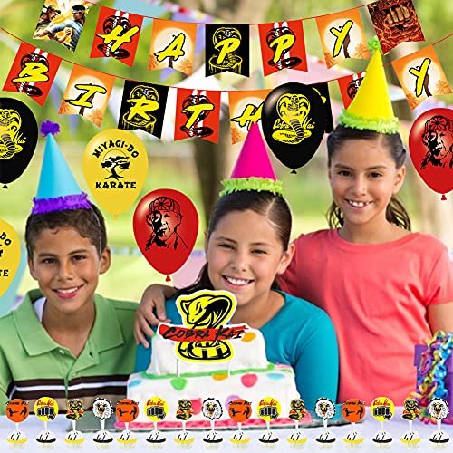 Cobra Kai Suministros para fiesta de cumpleaños, 36 piezas globos Cobra Kai para decoración de fiestas, pancarta para fiesta de cumpleaños Cobra Kai y adornos para cupcakes para niños y adolescentes