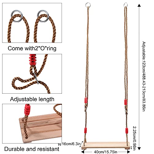 Columpio de Madera, Madera Asiento de Swing, con Cuerda de cáñamo Ajustable, Columpio de árbol para Adultos y Niños, Columpio Infantil al Aire Libre (4)