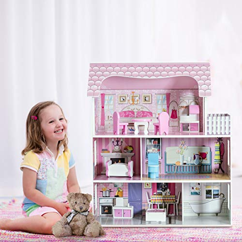 COSTWAY Casa de Muñecas de Madera con Accesorios para Niña Juego de Roles Educativo Juguete Color Rosa