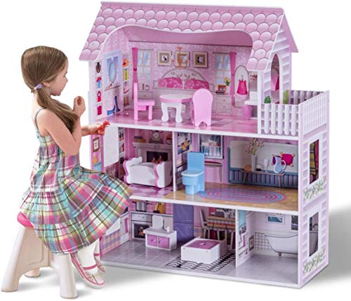 COSTWAY Casa de Muñecas de Madera con Accesorios para Niña Juego de Roles Educativo Juguete Color Rosa