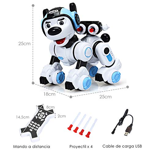 COSTWAY Robot de Perro para Niños Robot Inteligente con Control Remoto, Función de Música, Baile,Parpadeo,Disparo Juguete Interactivo (Azul)