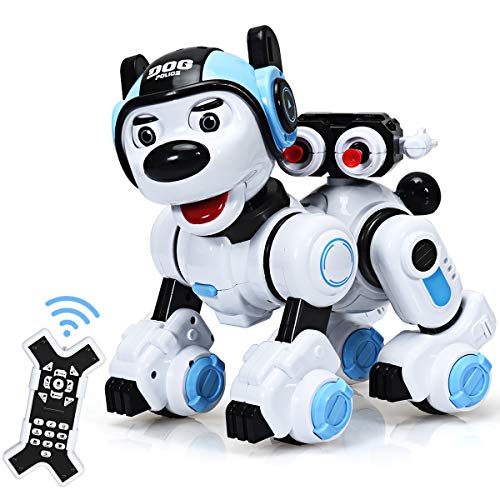 COSTWAY Robot de Perro para Niños Robot Inteligente con Control Remoto, Función de Música, Baile,Parpadeo,Disparo Juguete Interactivo (Azul)