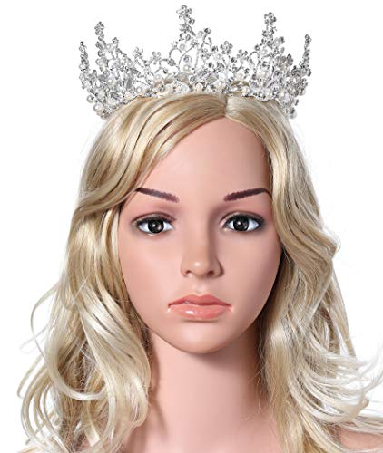 Coucoland Corona de boda con estrás, tiara princesa, tiara decorada con perlas, corona de cumpleaños, para mujer, Halloween, carnaval, accesorios plata Talla única