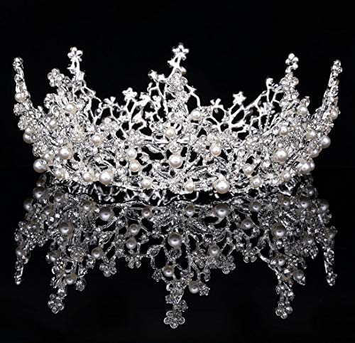 Coucoland Corona de boda con estrás, tiara princesa, tiara decorada con perlas, corona de cumpleaños, para mujer, Halloween, carnaval, accesorios plata Talla única