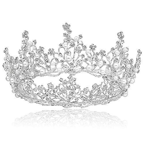 Coucoland Corona de boda con estrás, tiara princesa, tiara decorada con perlas, corona de cumpleaños, para mujer, Halloween, carnaval, accesorios plata Talla única