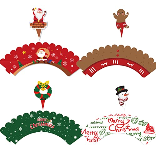 Cupcake Toppers Wrappers de Navidad 48 piezas Santa Claus Snowman Corona de Navidad Hombre de pan de Jengibre Navidad Decoración para Cupcakes Navidad Cumpleaños Suministros de la tienda de Postres