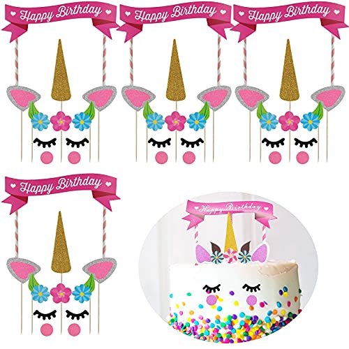 Dancepandas Unicorn Cake Topper 4PCS Tarta de Unicornio Decorar Tartas Infantiles Decoración de Tartas de Cumpleaños para fiesta del bebé, boda y cumpleaños