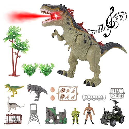 deAO Juego de Dinosaurios Conjunto Incluye Dinosaurio con Efecto de Humo, Funciones Luminosas y Sonido, Castillo y Accesorios Incluidos