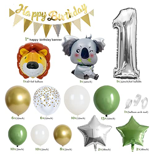 Decoración Cumpleaños Niño 1 año,Selva Globos de Cumpleaños 1 año Decoracion con Globos Animales de la Selva,Globo de Látex Verde Salvia para 1 año Fiesta de Cumpleaños Infantil Niña Niño Baby Shower