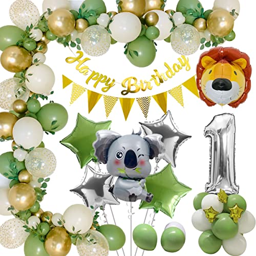 Decoración Cumpleaños Niño 1 año,Selva Globos de Cumpleaños 1 año Decoracion con Globos Animales de la Selva,Globo de Látex Verde Salvia para 1 año Fiesta de Cumpleaños Infantil Niña Niño Baby Shower