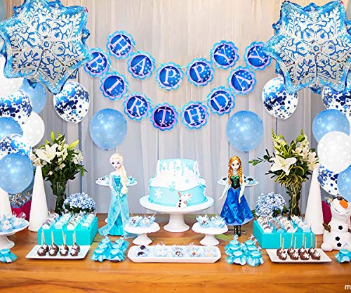 Decoraciones de cumpleaños congeladas para niñas con globos de copos de nieve y pancarta de feliz cumpleaños congelada para suministros para fiestas de cumpleaños