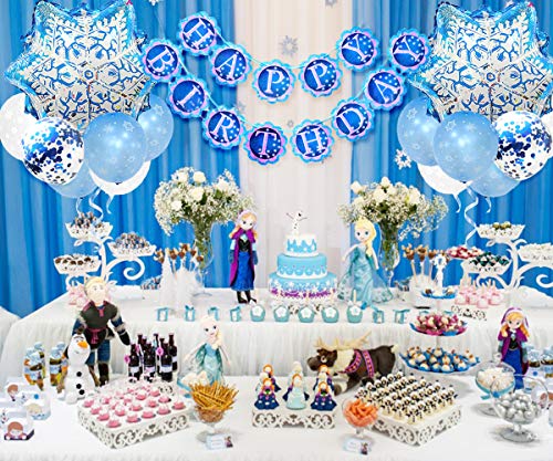 Decoraciones de cumpleaños congeladas para niñas con globos de copos de nieve y pancarta de feliz cumpleaños congelada para suministros para fiestas de cumpleaños