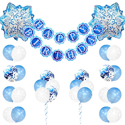 Decoraciones de cumpleaños congeladas para niñas con globos de copos de nieve y pancarta de feliz cumpleaños congelada para suministros para fiestas de cumpleaños