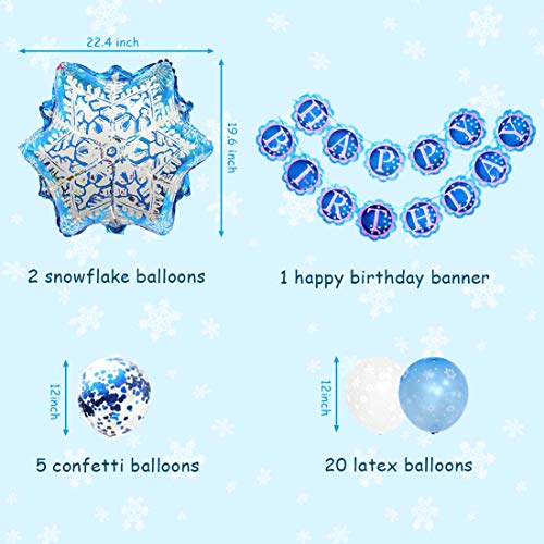 Decoraciones de cumpleaños congeladas para niñas con globos de copos de nieve y pancarta de feliz cumpleaños congelada para suministros para fiestas de cumpleaños