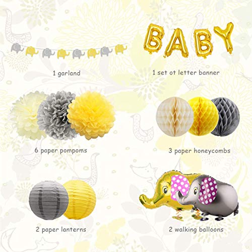 Decoraciones para baby shower Neutral para niño o niña, baby shower, tema de elefante amarillo y gris, pompones y linternas, globo para caminar elefante y guirnalda