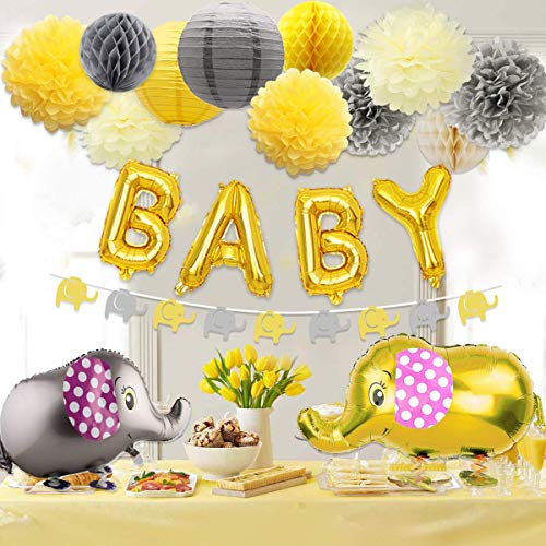 Decoraciones para baby shower Neutral para niño o niña, baby shower, tema de elefante amarillo y gris, pompones y linternas, globo para caminar elefante y guirnalda