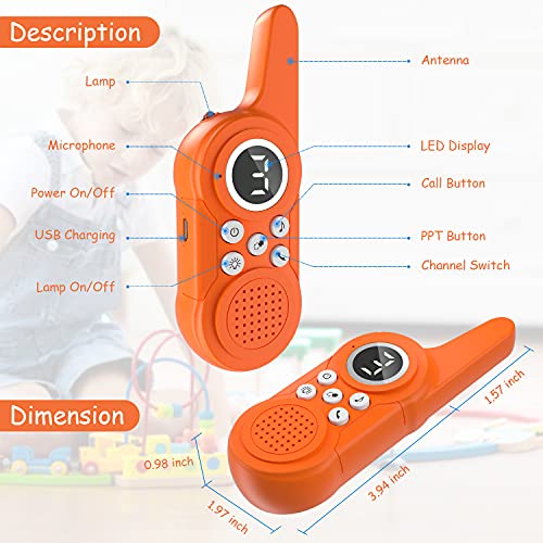 DIAHOUD Walkies Talkies Profesionales 8 Canales,Walkie Talkie Recargables con Cargador USB,Walkie Talkie Radiocomunicación con el Antorcha de LED (2 PCS) (Naranja-Azul)