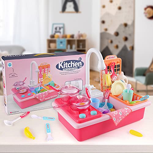 Diealles Shine Juguetes de Cocina, Juguetes para Fregadero de Cocina Lavaplatos Eléctrico Playhouse, con Canal, lavaplatos, Fregadero, Juegos de rol para niños, Regalo de imitación para niños (Rosa)