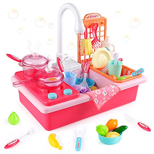 Diealles Shine Juguetes de Cocina, Juguetes para Fregadero de Cocina Lavaplatos Eléctrico Playhouse, con Canal, lavaplatos, Fregadero, Juegos de rol para niños, Regalo de imitación para niños (Rosa)