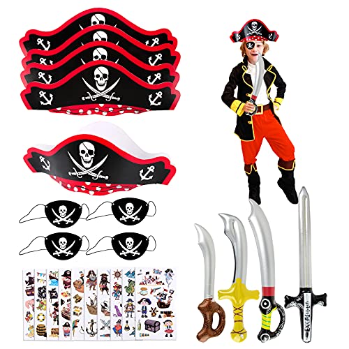 Disfraz de Pirata para Niño Accesorios de Disfraces Sombrero Espada Antifaz Tatuajes Temporales Juego de Disfraz de Pirata para Fiesta de Halloween Carnaval Fiesta Temática