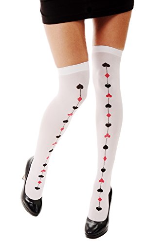 dressmeup - Carnaval Medias de Mujer Overknees Color Blanco Reina de Corazones Picas Dibujo Naipes Z177