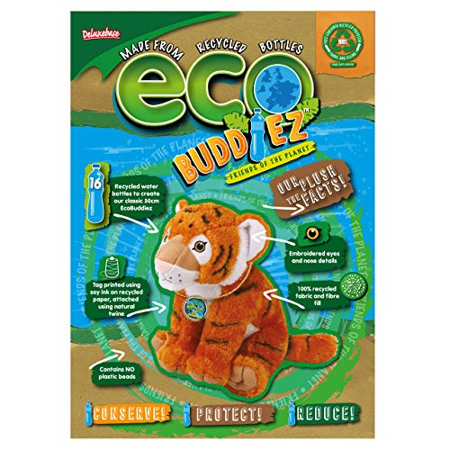 EcoBuddiez - Tigre de Deluxebase. Peluche Mediano de 20 cm elaborado con Botellas de plástico recicladas. Lindo Peluche ecológico con Forma de animalito para niños pequeños.