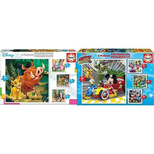 Educa Disney Animals Dumbo, Bambi, Lion King + Superpilotos Mickey and The Roadster Racers Puzzles Progresivos, 12+16+20+25 Piezas, Multicolor (17629)