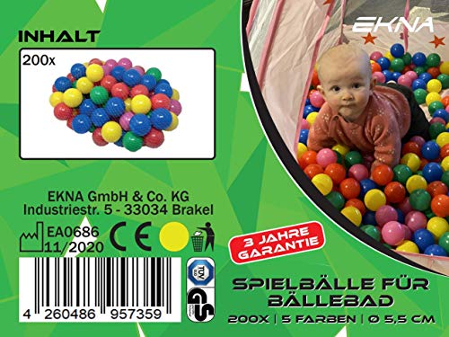 EKNA Pelotas de juego de 5 cm de diámetro, 200 unidades, varios colores a elegir para piscina de pelotas, bolas de plástico de colores verde claro, azul claro, amarillo, rosa, blanco y lila