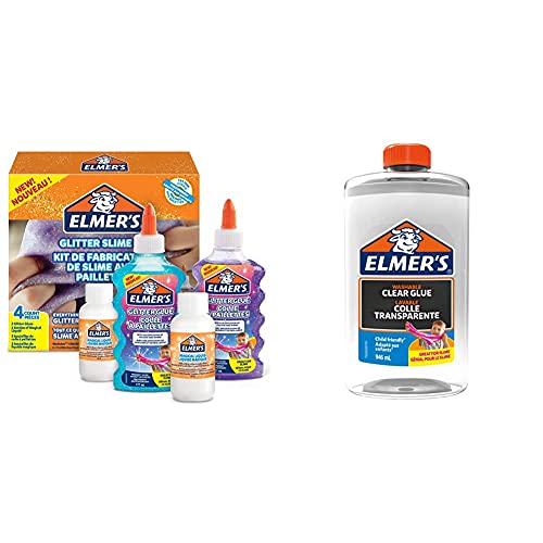 Elmer’s Kit Slime con Purpurina, Pegamento Morado y Azul + 2 Botellas de activador líquido mágico, 4 Unidades + Pegamento Transparente, Lavable y Apto para niños de 946 ml, óptimo para Hacer Slime