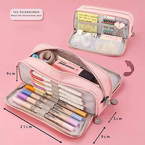 Estuche Escolar de Gran Capacidad con 3 Compartimentos, Bolsa de Lapices Estuche para ​Material Cartucheras Escolares,útiles Escolares para Niña Niños Adolescentes Estudiantes (Pink)