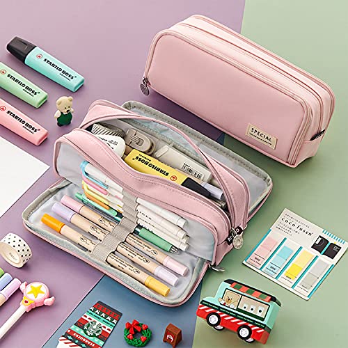 Estuche Escolar de Gran Capacidad con 3 Compartimentos, Bolsa de Lapices Estuche para ​Material Cartucheras Escolares,útiles Escolares para Niña Niños Adolescentes Estudiantes (Pink)