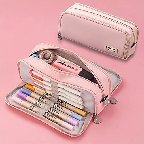 Estuche Escolar de Gran Capacidad con 3 Compartimentos, Bolsa de Lapices Estuche para ​Material Cartucheras Escolares,útiles Escolares para Niña Niños Adolescentes Estudiantes (Pink)