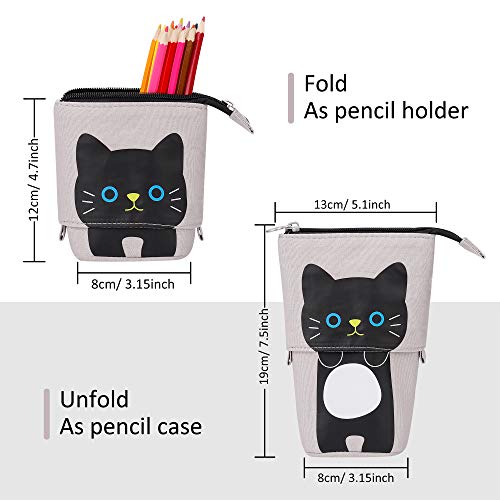 Estuche para Lápices Telescópico Lona Bolsa de lápiz con Encantador Gato Patrón Neceser Maquillaje Papelería Organizador para Niño Niña Adulto Estudiante (Gris)