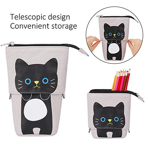 Estuche para Lápices Telescópico Lona Bolsa de lápiz con Encantador Gato Patrón Neceser Maquillaje Papelería Organizador para Niño Niña Adulto Estudiante (Gris)