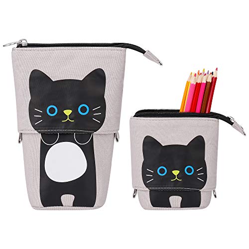 Estuche para Lápices Telescópico Lona Bolsa de lápiz con Encantador Gato Patrón Neceser Maquillaje Papelería Organizador para Niño Niña Adulto Estudiante (Gris)