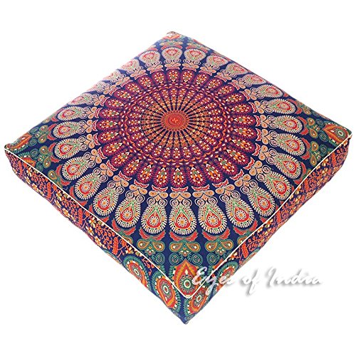 Eyes of India - 35" Blue Orange Large Oversized Mandala Square Colorful Floor Pillow Co