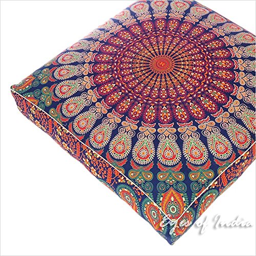 Eyes of India - 35" Blue Orange Large Oversized Mandala Square Colorful Floor Pillow Co