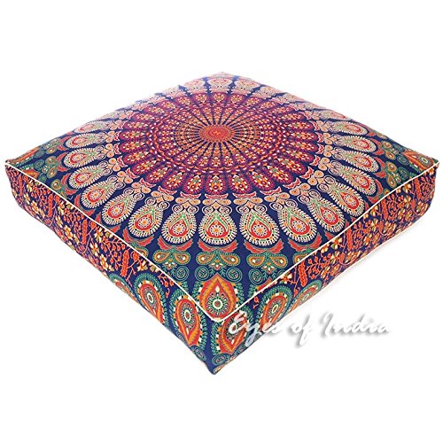 Eyes of India - 35" Blue Orange Large Oversized Mandala Square Colorful Floor Pillow Co