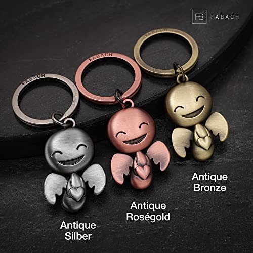 FABACH Llavero de ángel de la guarda Happy con corazón – Bonito colgante de ángel de metal – Regalo amuleto de la suerte para el coche – conducción cuidadosamente., plateado envejecido, 1 unidad,