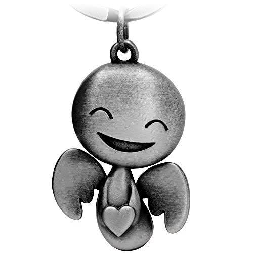 FABACH Llavero de ángel de la guarda Happy con corazón – Bonito colgante de ángel de metal – Regalo amuleto de la suerte para el coche – conducción cuidadosamente., plateado envejecido, 1 unidad,