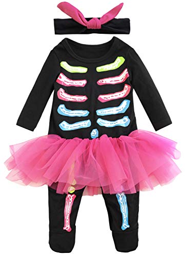 FANCYINN Baby Boy Girl Disfraz de Halloween Esqueleto Romper Fancy Bones Disfraz de Esqueleto Vestido con Diadema Rosado