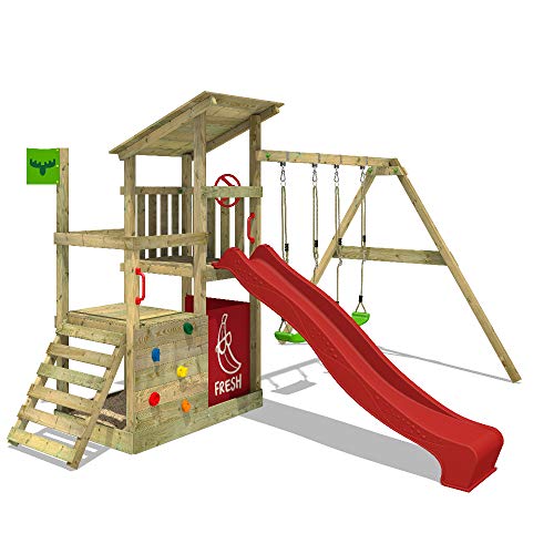 FATMOOSE Parque infantil de madera FruityForest con columpio y tobogán rojo, Torre de escalada de exterior con arenero y escalera para niños