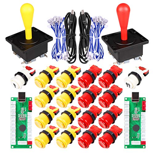 Fosiya 2 Jugador del Juego de Arcada de Bricolaje Kits Elipse Oval Happ Tipo de Joystick Handle + 18x Americana Estilo Arcade Pulsadores (Incluir 1p / 2p Teclas de Partida) (Rojo y Amarillo)