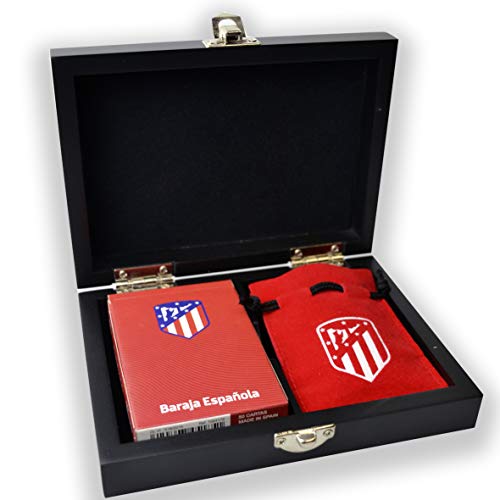 Fournier Oficial del Atlético de Madrid Conjunto de Mus para Regalo en Caja de Madera con Baraja de Cartas Española y Amarracos, Color Colchonero (1044182)