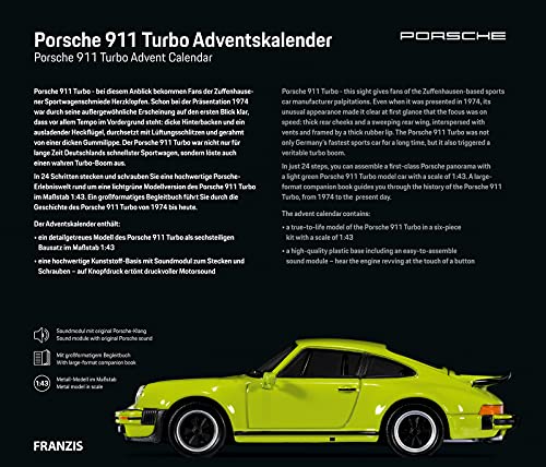 Franzis- Calendario de Adviento Porsche 911 Turbo Verde Claro, Kit de vehículo a Escala 1:43, Incluye módulo de Sonido y Libro de acompañamiento, a Partir de 14 años, Color carbón (55109-2)