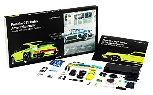 Franzis- Calendario de Adviento Porsche 911 Turbo Verde Claro, Kit de vehículo a Escala 1:43, Incluye módulo de Sonido y Libro de acompañamiento, a Partir de 14 años, Color carbón (55109-2)