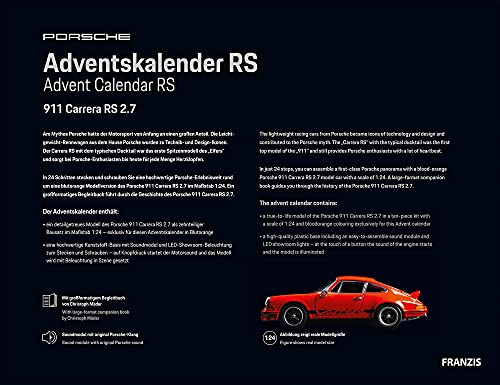 Franzis- Calendario de Adviento Porsche Carrera RS, Kit de vehículo a Escala 1:24, Incluye módulo de Sonido y Libro de acompañamiento, a Partir de 14 años, Color carbón (55155-9)