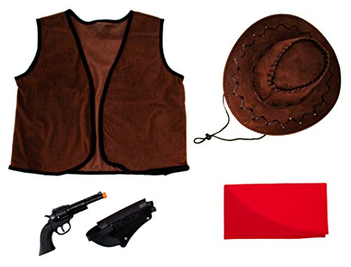 Gojoy Shop - Disfraz de Chaleco Vaquero Cowboy para niños Fiesta San Fermín, contiene: chaleco, sombrero, pañuelo rojo y jueguete de pistola con funda. (3 tallas diferentes) (7-9 AÑOS)