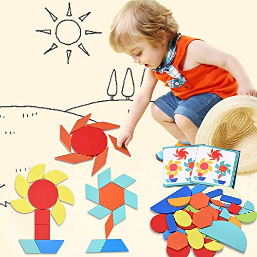 GOLDGE 160pz Tangram Puzzle para Bloques de Patrones de Madera Animales Puzzles Juegos, Tangram Madera para Set Rompecabezas de Formas Geométricas Tarjetas de Diseño para Niños